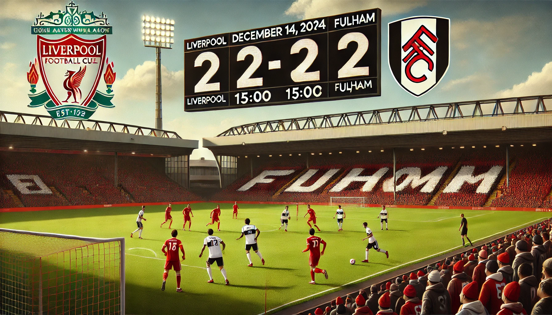 Liverpool vs Fulham football match on December 14, 2024, showing 2-2 draw with players in action at Anfield stadium."