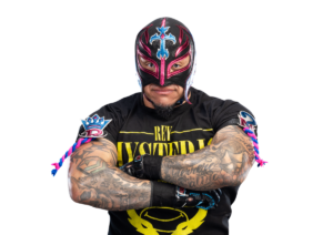 Rey Mysterio Sr. performing a high-flying move during a lucha libre match