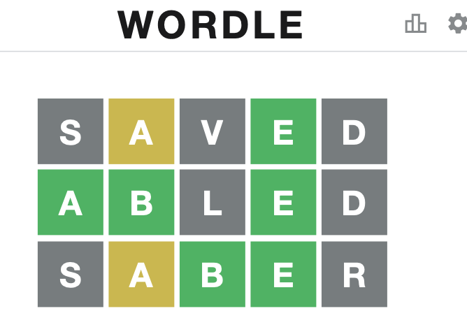 A screenshot of the Wordle game interface showing the grid and color-coded feedback.